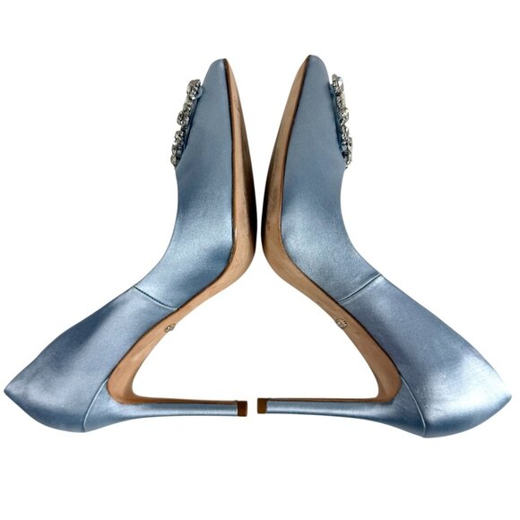 Badgley Mischka Pumps Size 9 Blue Satin Cher Crystal Buckle Pointed Toe Heels - Picture 6 of 10